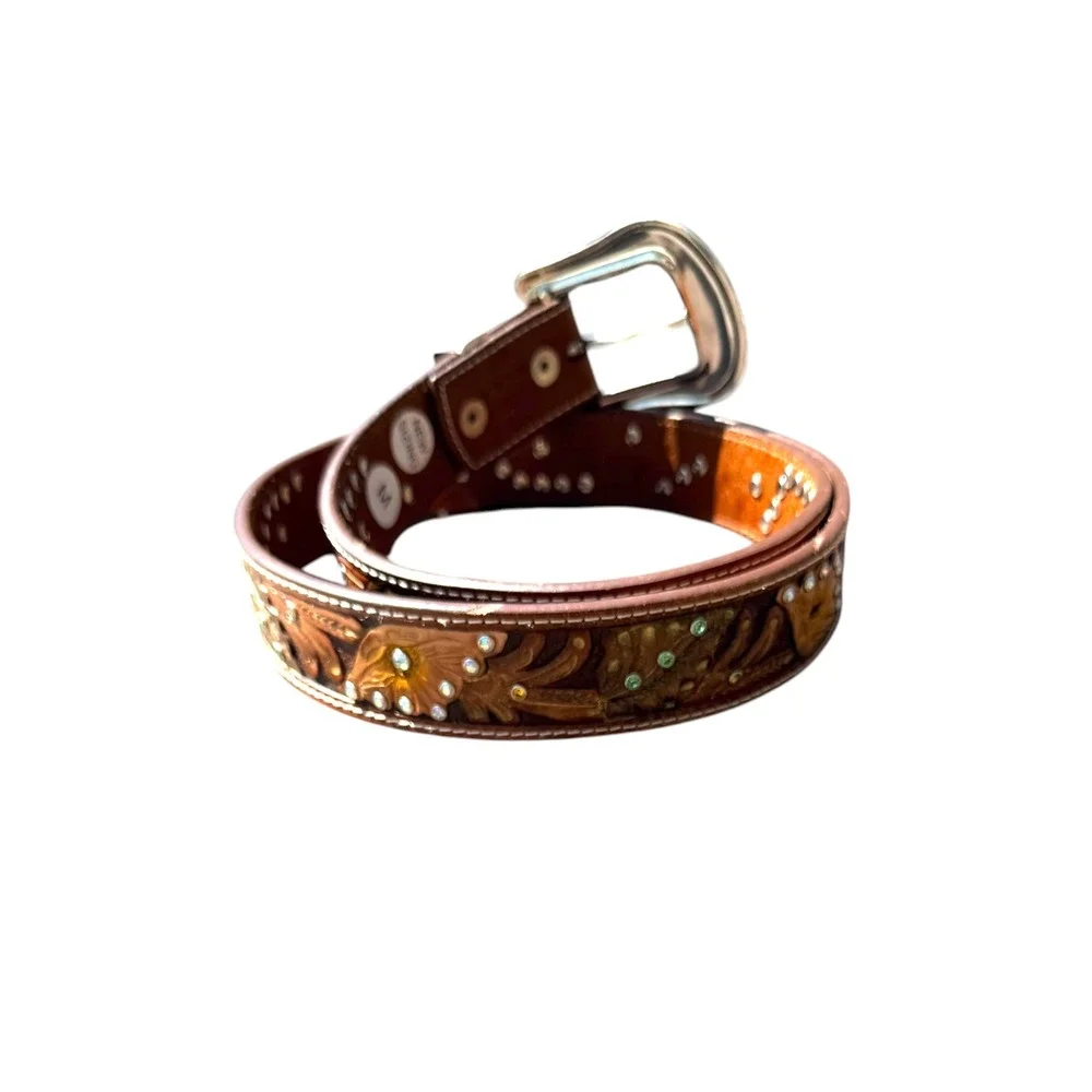 Womens‎ Floral Tooled Leather Western Belt Brown Rhinestone embossed L